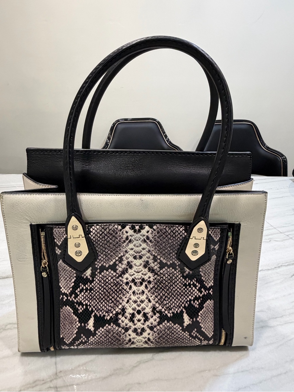 henri bendel Black and Cream Snake-Print Shoulder Tote